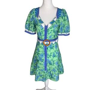 Rubienn Womens Green Blue Floral Button Front Ruffle Mini Dress Belted Small